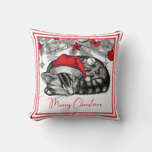 Sketch of Kitten Under Christmas Tree Ornaments Cushion (Front)
