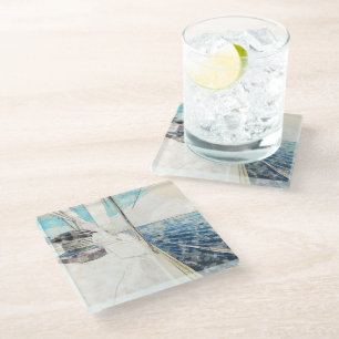 Sketch of Sail Vessel Surfing Through Sea  Glass Coaster