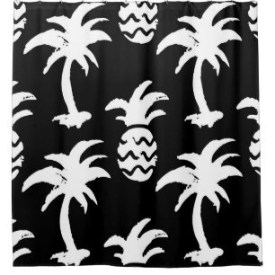 Sketch palm trees, pineapples, monochrome pattern. shower curtain
