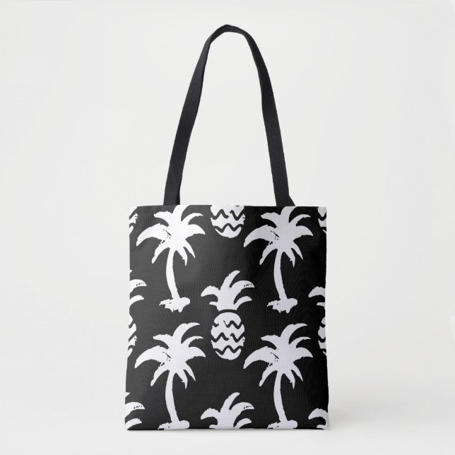 Sketch palm trees, pineapples, monochrome pattern. tote bag (Front)