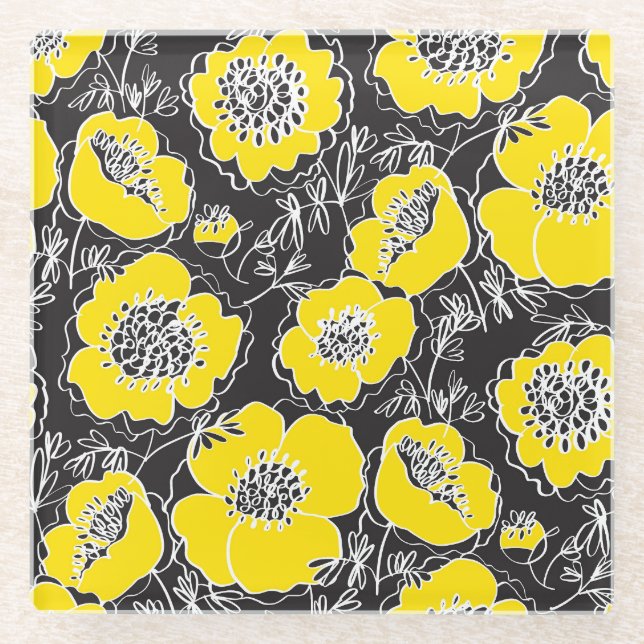 Sketch Peony Flowers Fun Pattern Glass Coaster (Front)