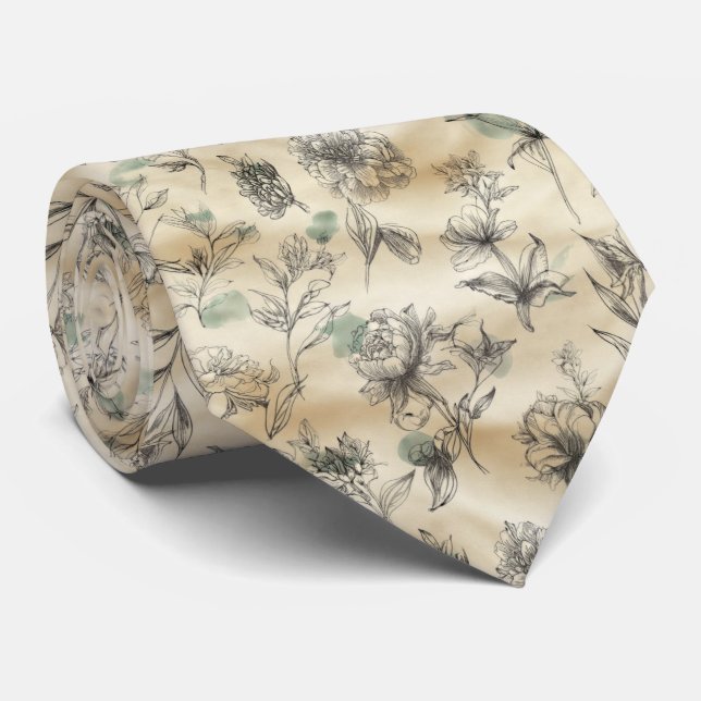Sketch-Style Hand-Drawn Floral Pattern Tie (Rolled)