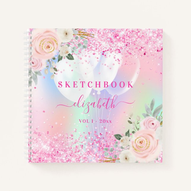Sketchbok pink florals holographic glitter name notebook (Front)
