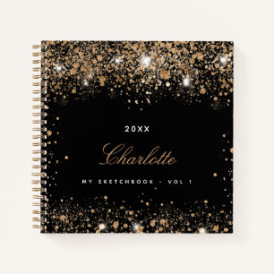 Sketchbook black gold glitter name script notebook