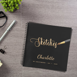 Sketchbook black gold paint brush script name notebook