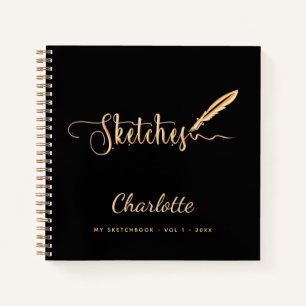 Sketchbook black gold pen elegant script name notebook