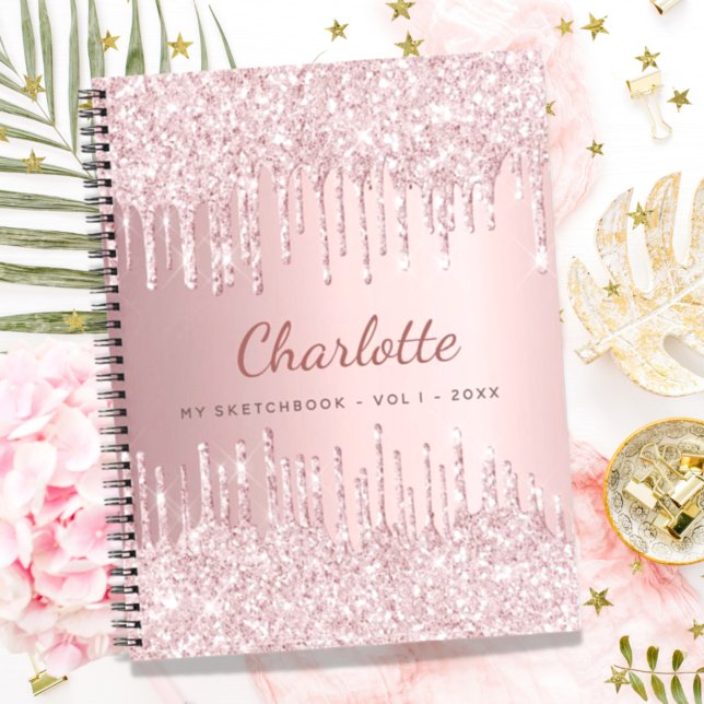 Sketchbook blush pink glitter monogram name luxury notebook (Creator Uploaded)