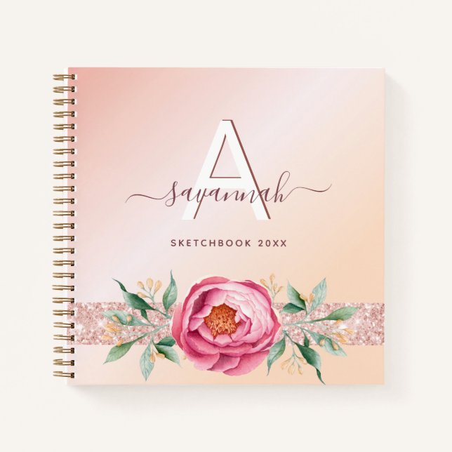 Sketchbook blush rose gold floral monogram notebook (Front)