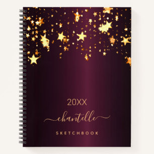Sketchbook burgundy gold stars monogram name notebook