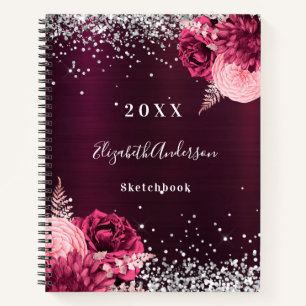 Sketchbook burgundy silver florals notebook