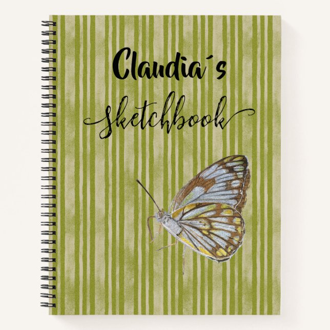 Sketchbook butterfly on green stripes add name notebook (Front)