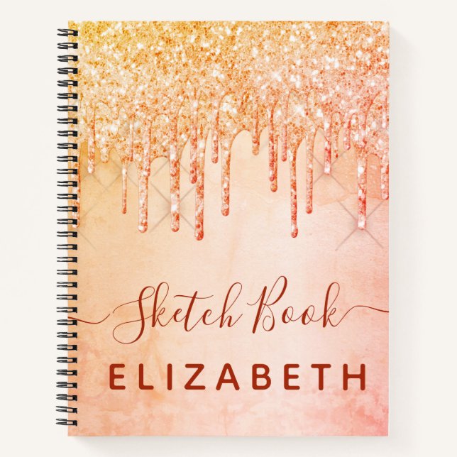 Sketchbook coral rose gold pink glitter drips glam notebook (Front)