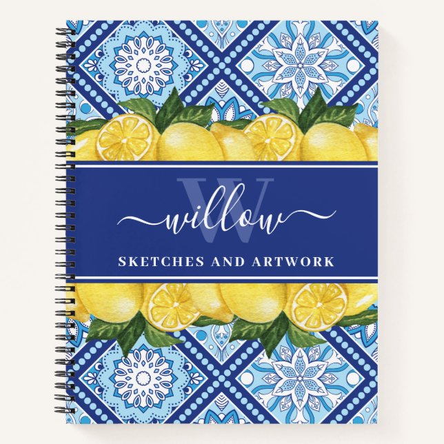 Sketchbook Lemon Blue Tile Monogram Notebook (Front)