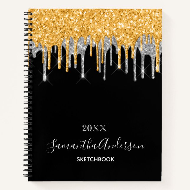 Sketchbook monogram black gold silver glitter drip notebook (Front)