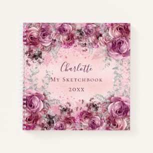 Sketchbook pink silver flowers name notebook