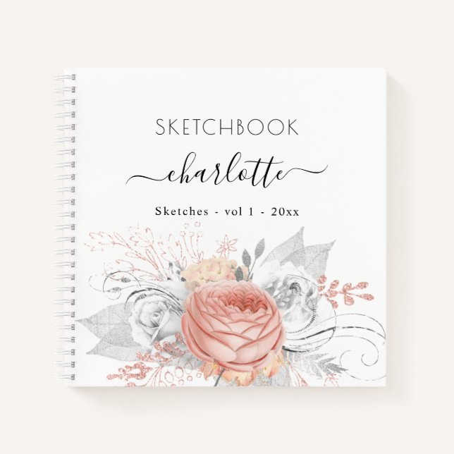 Sketchbook rose gold floral silver foliage notebook (Front)