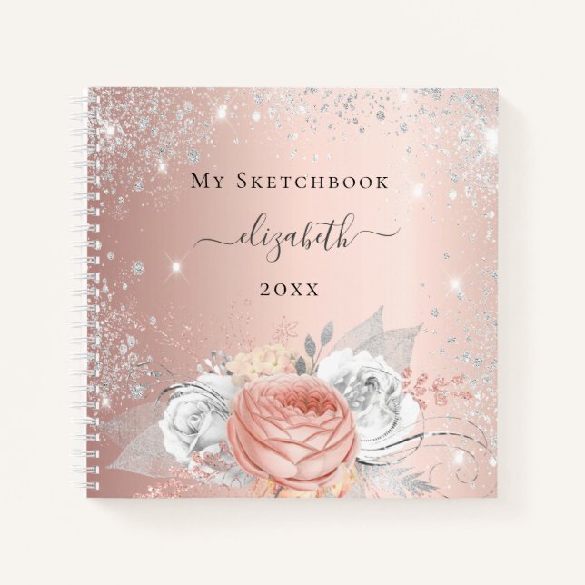Sketchbook rose gold flowers silver sparkles notebook (Front)