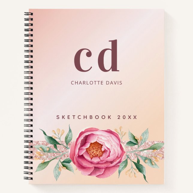Sketchbook rose gold pink flower monogram notebook (Front)