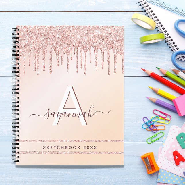 Sketchbook rose gold pink glitter monogram notebook (Creator Uploaded)