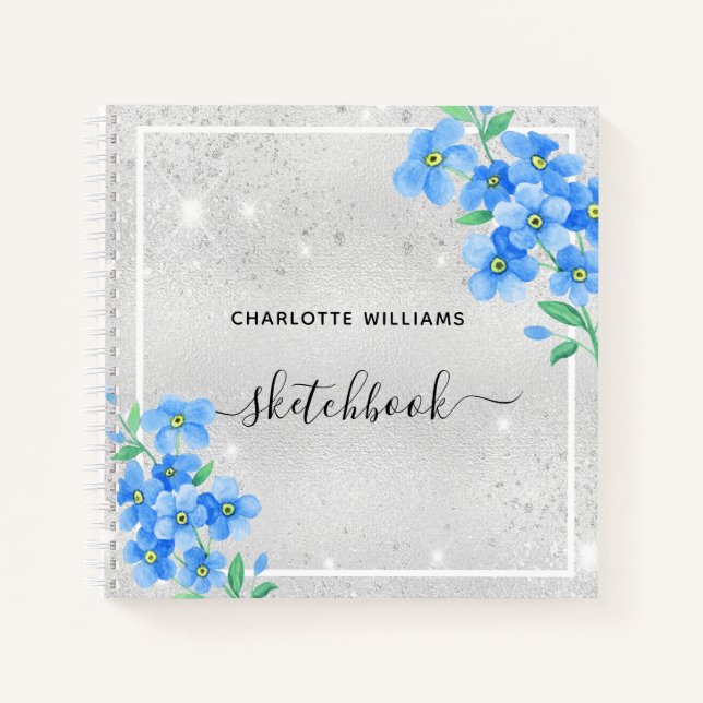Sketchbook silver blue floral name notebook (Front)