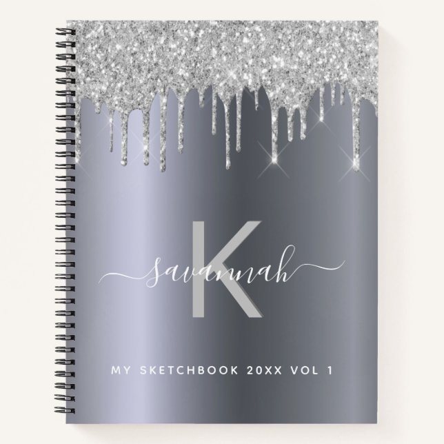 Sketchbook Silver glitter monogram elegant modern Notebook (Front)