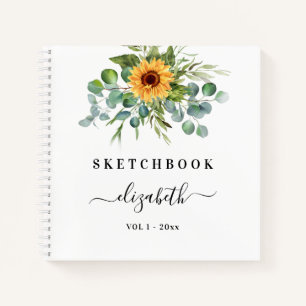 Sketchbook sunflowers eucalyptus greenery script notebook