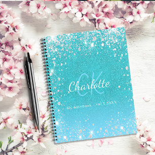 Sketchbook teal blue glitter aqua green name notebook