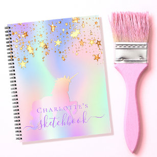 Sketchbook unicorn pink gold stars iridescent name notebook