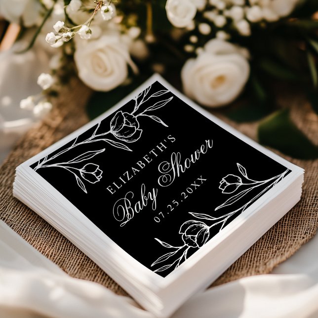 Sketched Black and White Floral Baby Shower Napkin (Creator Uploaded)