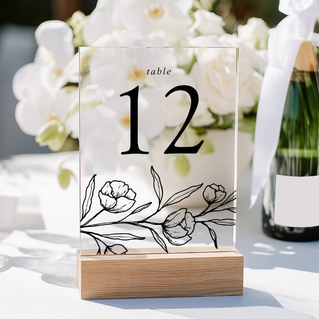 Sketched Black Floral Acrylic Wedding Table Number (Creator Uploaded)