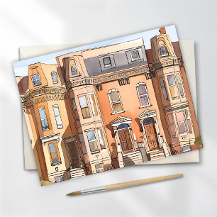 Sketched Brownstones   Boston Massachusetts Card