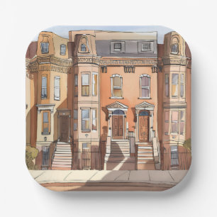 Sketched Brownstones Boston Street Painting Paper Plate