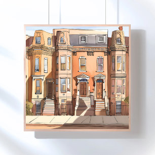 Sketched Brownstones Boston Street Painting Poster