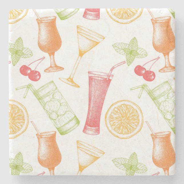 Sketched Cocktail Pattern Stone Coaster (Front)