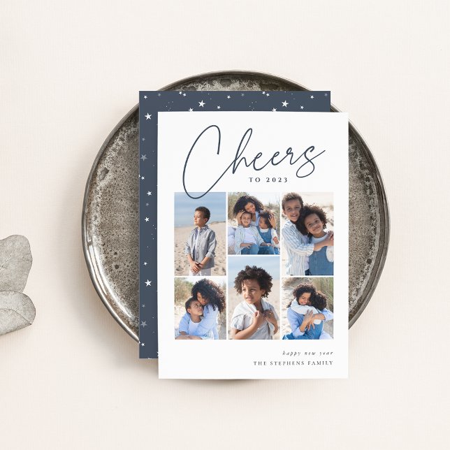 Sketched Cursive 6 Photo Collage New Year Holiday Card (Creator Uploaded)