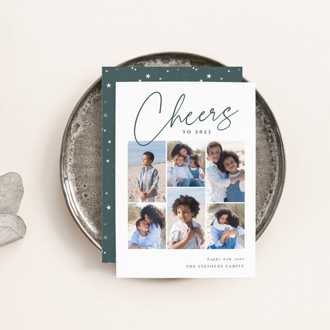 Sketched Cursive 6 Photo Collage New Year Holiday Card (Creator Uploaded)