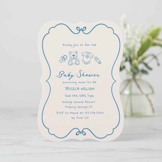 Sketched Cute Wavy Bow Frame Baby Shower Invitation (Standing Front)