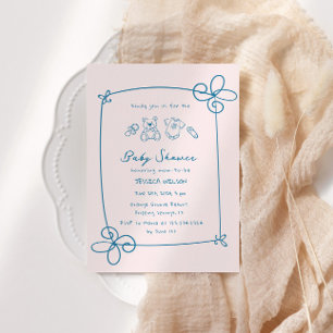 Sketched Cute Wavy Bow Frame Baby Shower Invitation