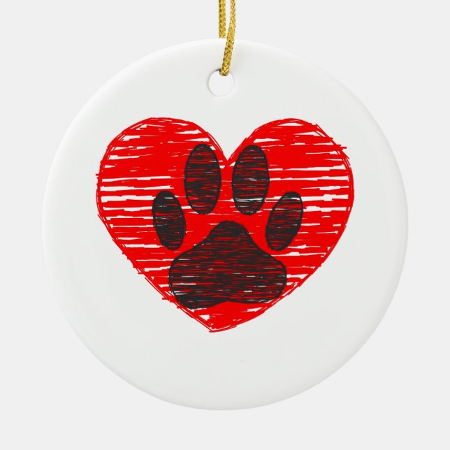 Sketched Dog Paw In Red Heart Ceramic Tree Decoration (Front)