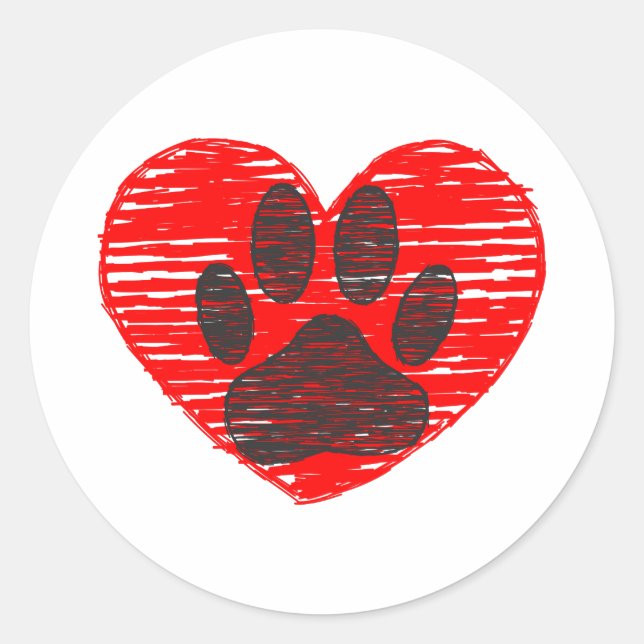 Sketched Dog Paw In Red Heart Classic Round Sticker (Front)