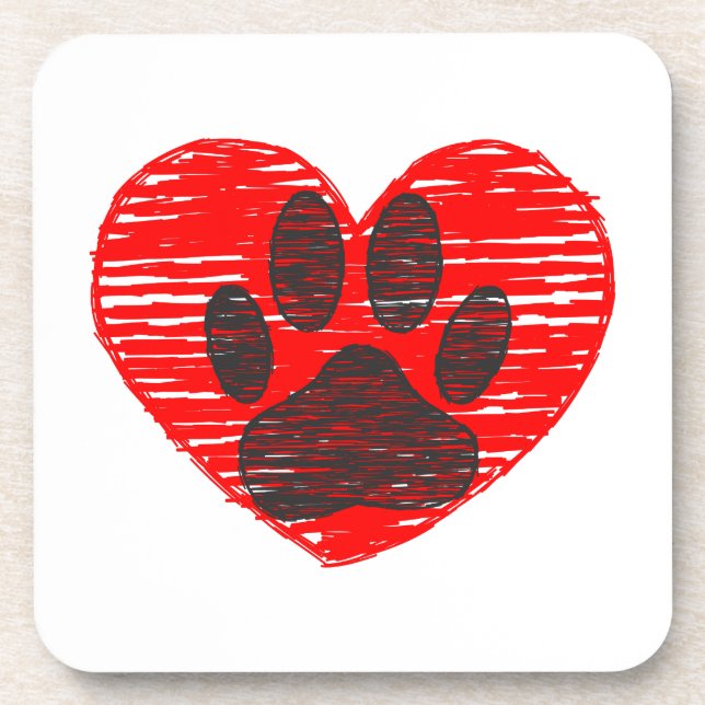 Sketched Dog Paw In Red Heart Coaster (Front)