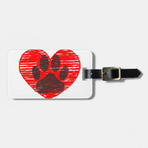 Sketched Dog Paw In Red Heart Luggage Tag