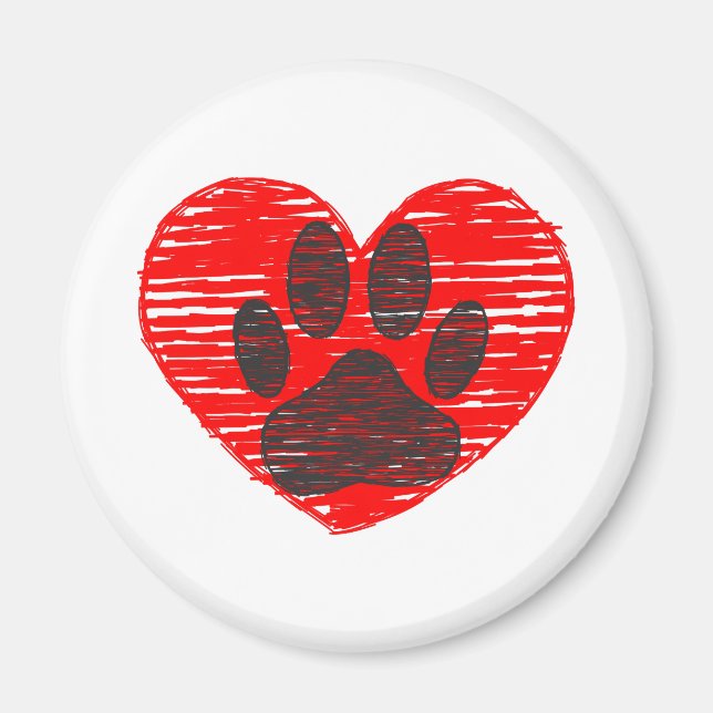 Sketched Dog Paw In Red Heart Magnet (Front)