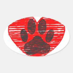 Sketched Dog Paw In Red Heart Oval Sticker