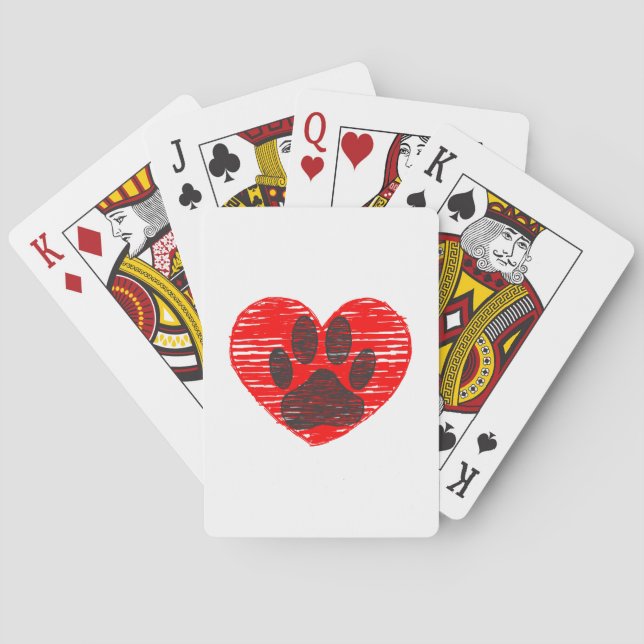 Sketched Dog Paw In Red Heart Playing Cards (Back)