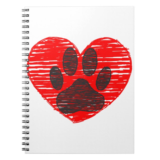Sketched Dog Paw In Red Heart Spiral Notebook (Front)