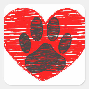Sketched Dog Paw In Red Heart Square Sticker