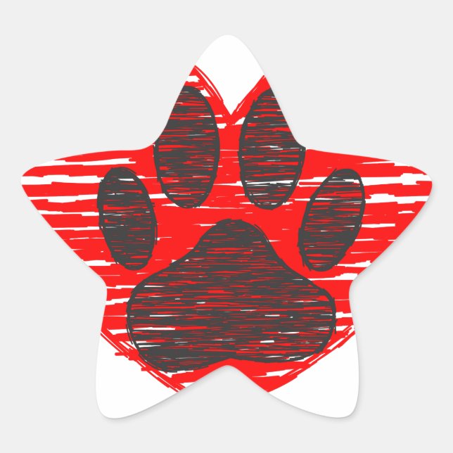 Sketched Dog Paw In Red Heart Star Sticker (Front)