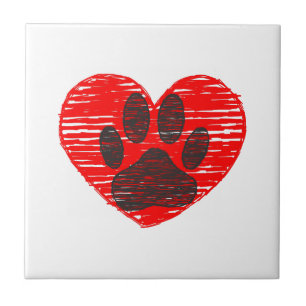 Sketched Dog Paw In Red Heart Tile