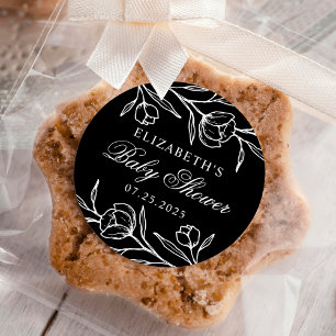 Sketched Floral Black and White Baby Shower Classic Round Sticker